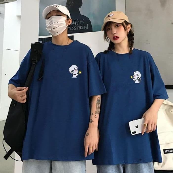 Áo Thun Cặp Đôi HappyFamily - Áo Phông Tay lỡ Couple Chibi Đáng Yêu Chất Cotton 100 Cao Cấp Màu Xanh Dương